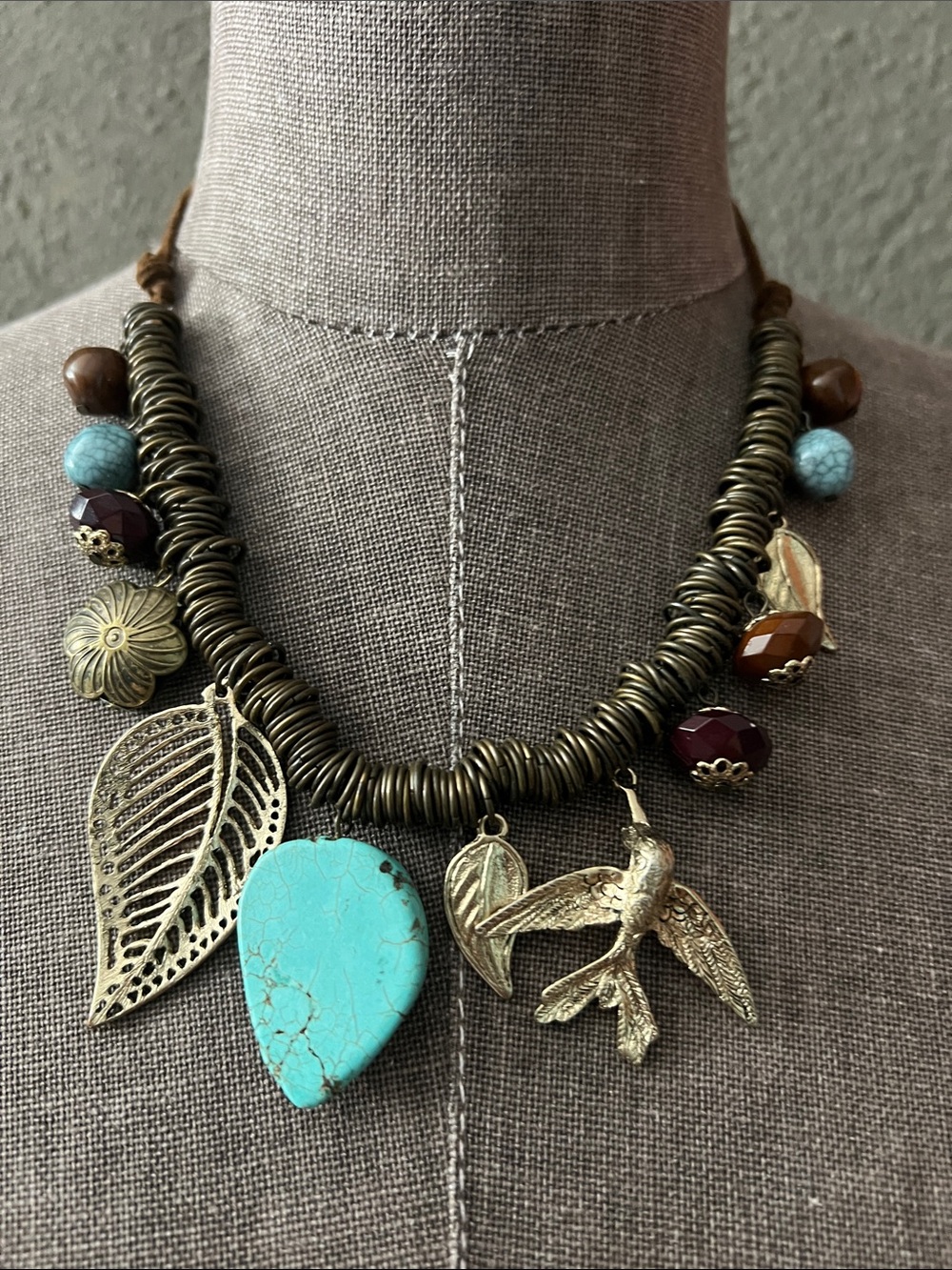 Bohemian Turquoise Pendant Charm Necklace with Brass Bird and Leaf Accents